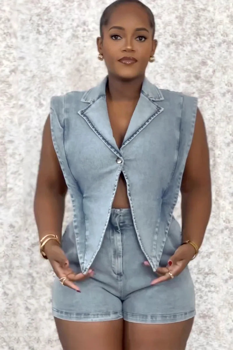 HLJ High-quality Fashion Denim Rompers Women Lapel Sleeveless Hollow Button One Piece Jumpsuits Female Streetwear Overalls New