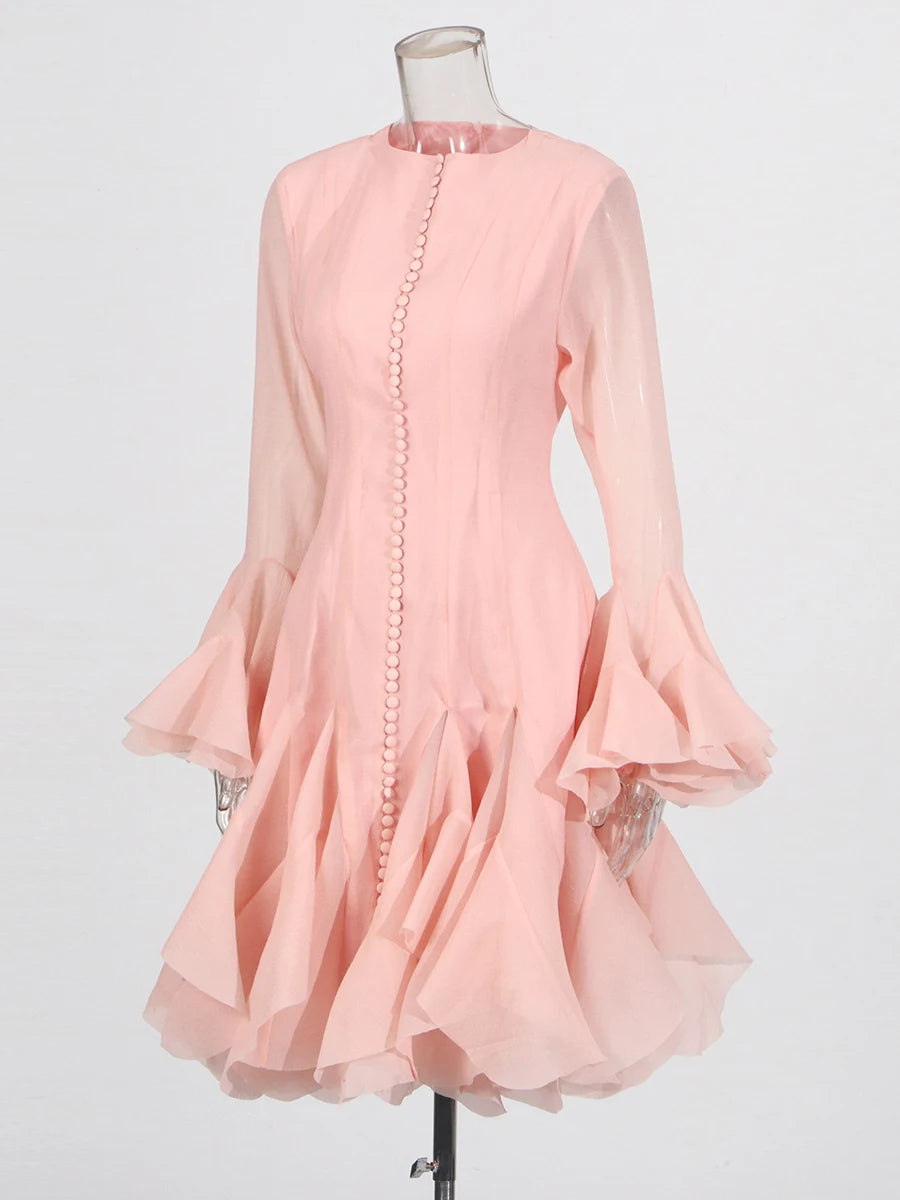 TWOTWINSTYLE Women's Dress Irregular Pleated Patchwork Fashion Long Lantern Sleeve Waist Cinching Mini Dresses 2024 New Clothing