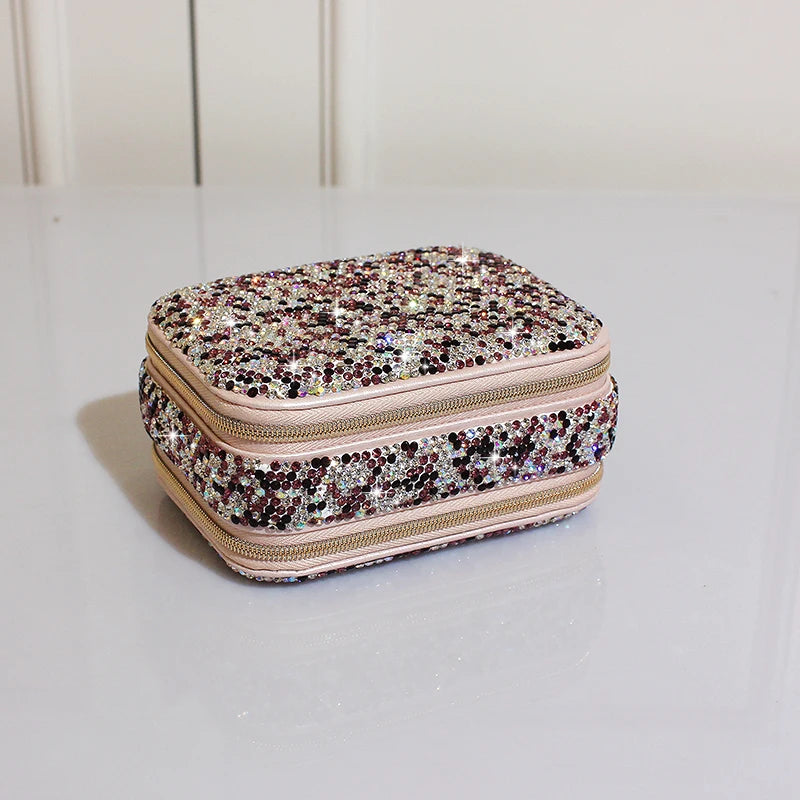 Diamond-set Double Zipper Jewelry Portable Storage Box With Mirror Ring Earrings Necklace Rhinestones Case Lipstick Makeup