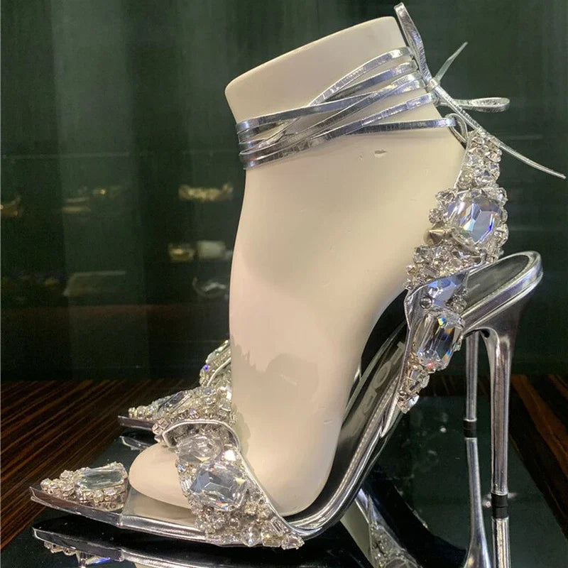 2024 Luxury Rhinestone Pointed Sandals Prom Super High Heel Sandals Slim Heel Dress Show Sandals Oversized 34-43 Women's Shoes