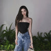Women's Off Shoulder Strapless Lace Up Bustier Corset, Crop Tops, Black Sleeveless Vest, Cropped Feminino