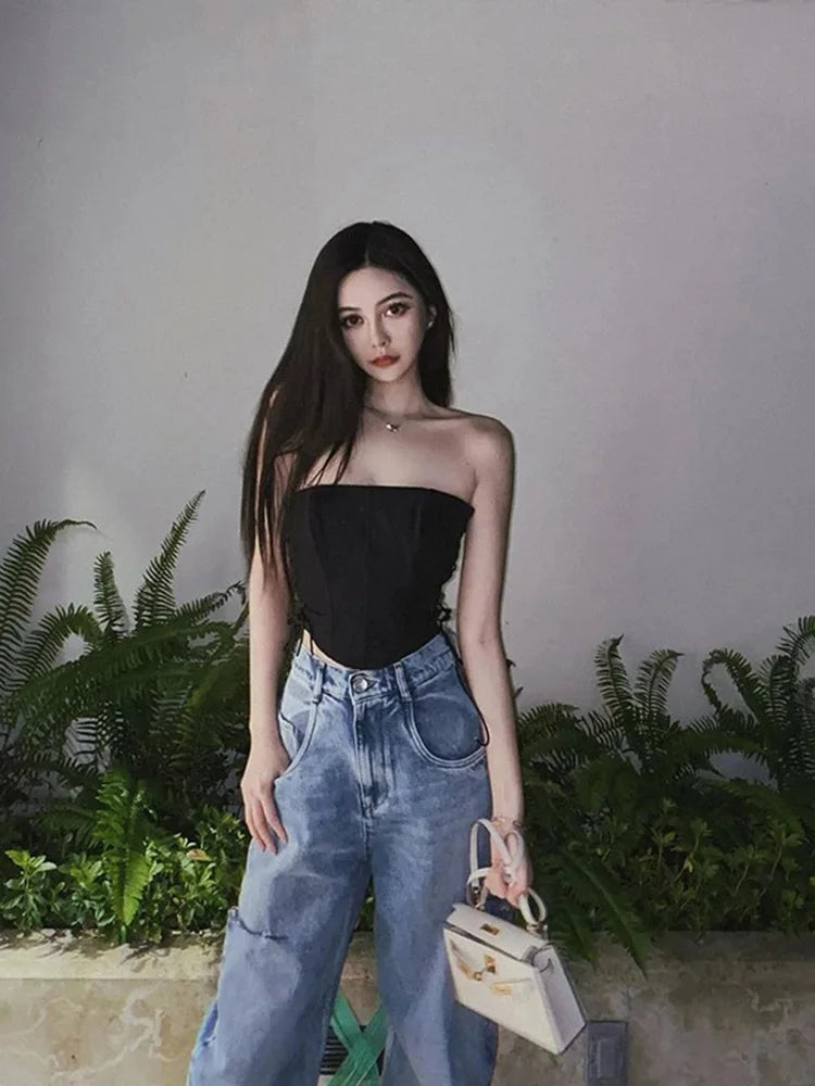 Women's Off Shoulder Strapless Lace Up Bustier Corset, Crop Tops, Black Sleeveless Vest, Cropped Feminino