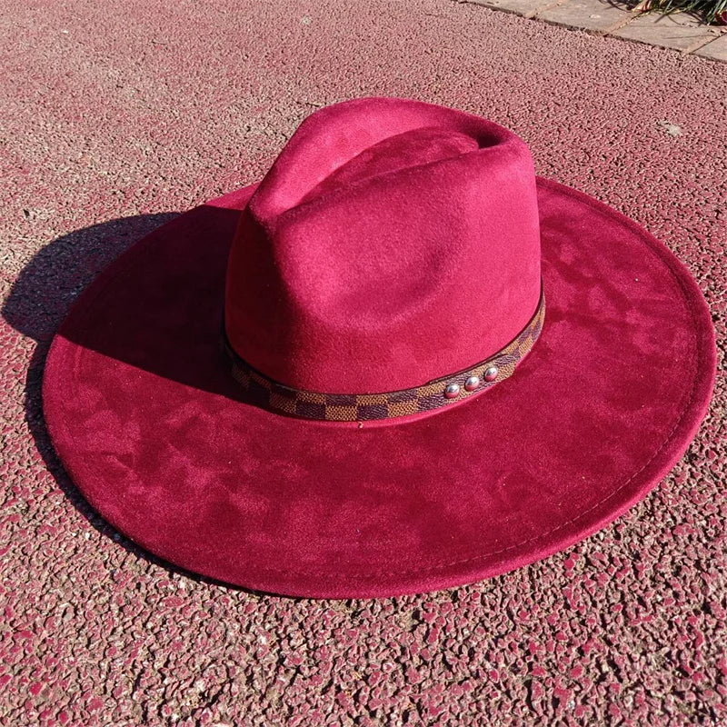 Fedora hat nubuck leather elastic webbing concave top wide brim hat for men and women autumn and winter hat  sombrero hombre