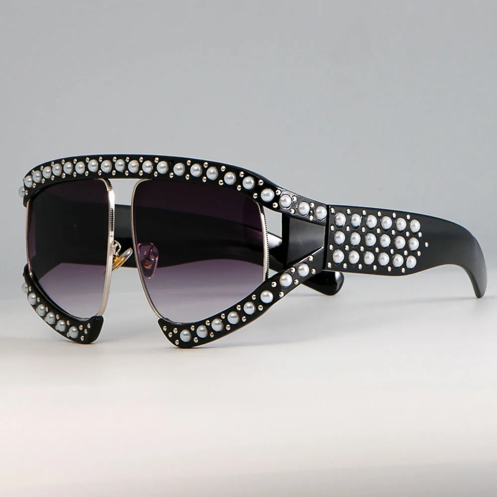 45448 Goggles Sunglasses Women Luxury Shades Pearl Glasses Frame Red Mirror Glasses Oversized UV400 Brand Glasses Female