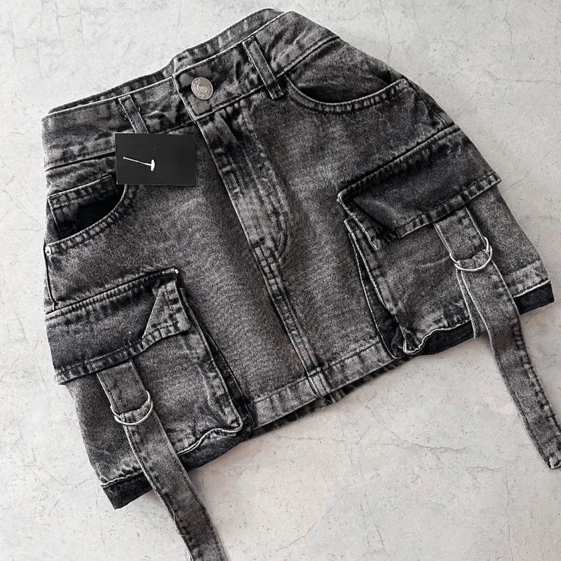 Harajuku Multiple Pockets Denim Plaid Skirt Vintage Goth Black Y2k Mini Skir Fashion Womens Casual Versatile Sexy Streetwear