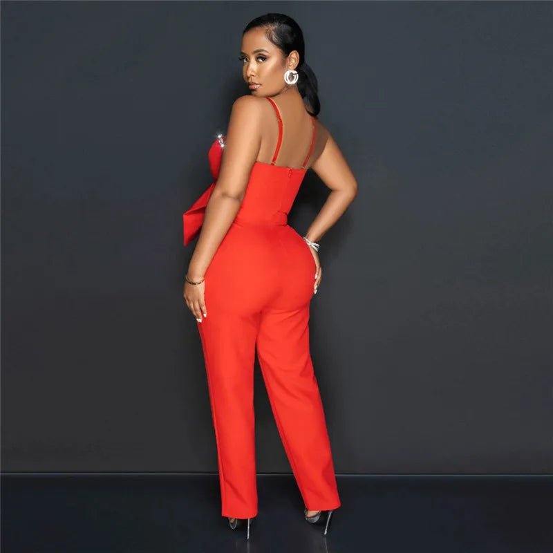 Spaghetti Strap Deep V Neck Sexy Women Straight Jumpsuits Rompers 2023 Rhinestone Big Bowknot Party Jumpsuit Birthday Outfits