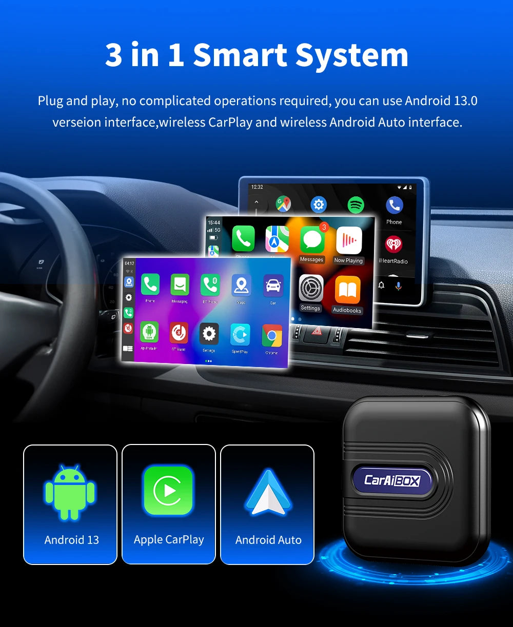 CarAiBOX CarPlay Ai Box Qualcomm 6125 8-Core CPU Android 13.0 System Wireless CarPlay Android auto Built-in Google Play Store