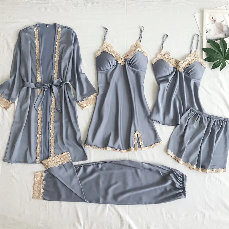 TOP Silk Robe Sleep Suit Womens Lace Satin Pajamas Gown Set V-Neck Cami Nighties Wear Pijama Home Nightwear Spring Nightdress