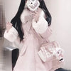 Winter New Japanese Sweet Bow Slim Medium Long Woolen Coat Faux Fur Collar Lolita Girl Women's Pink White Wool Jacket Overcoat