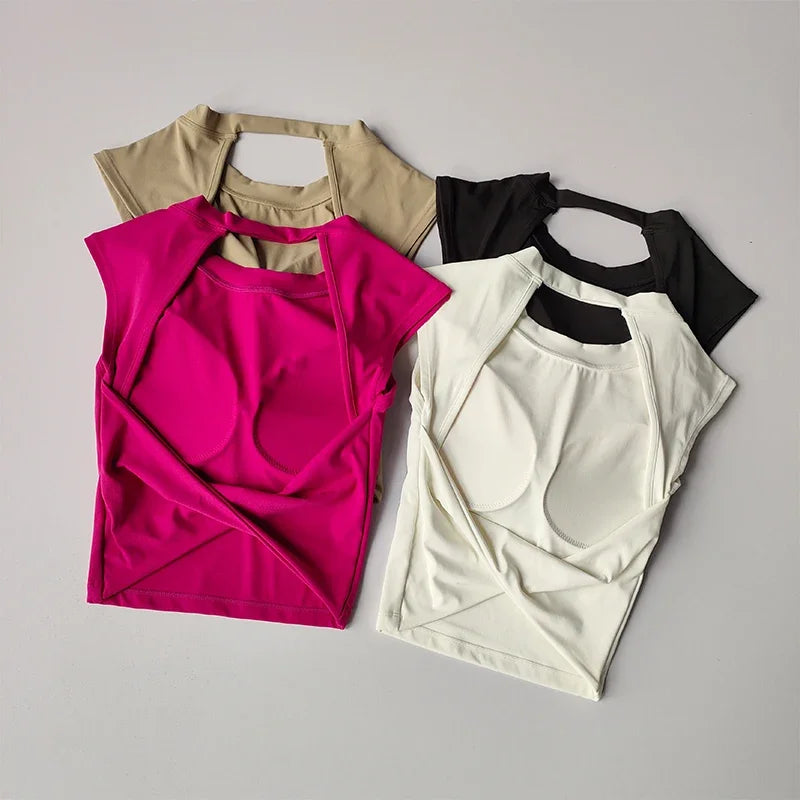 Sexy Short Backless Fixed Chest Pad Sports T-shirt Vest Women's Tight Fitting Quick Drying Slimming Yoga Suit Top Clothing