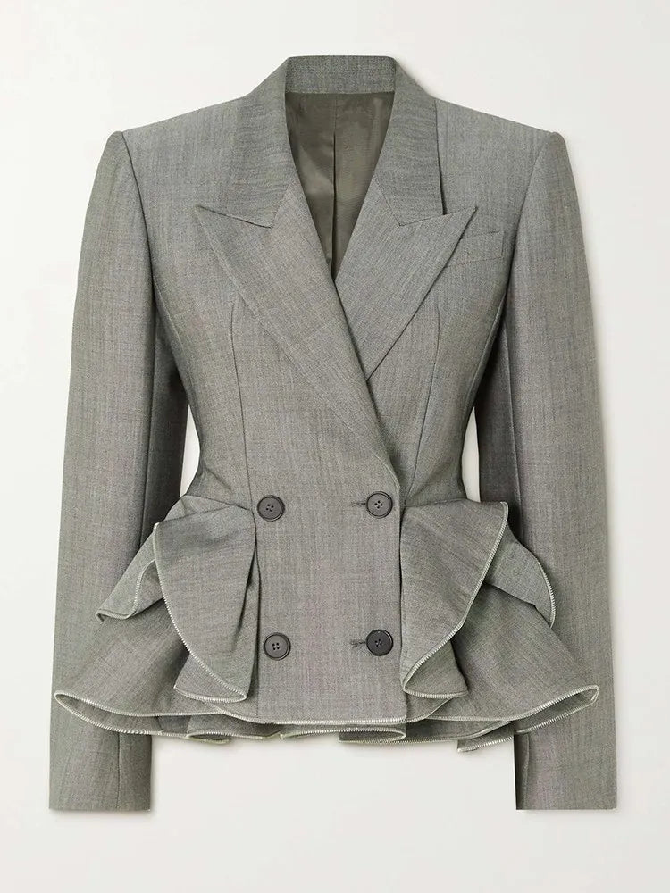 TWOTWINSTYLE Solid Spliced Ruffles Blazers For Women Notched Collar Long Sleeve Patchwork Button Casual Blazer Female Clothing