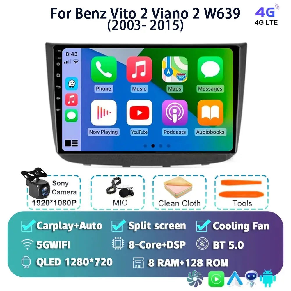 Android 14 For Benz Vito 2 Viano 2 W639 2003- 2015 2K QLED Android Car Radio Multimedia Video Player BT Stereo CarPlay Head Unit