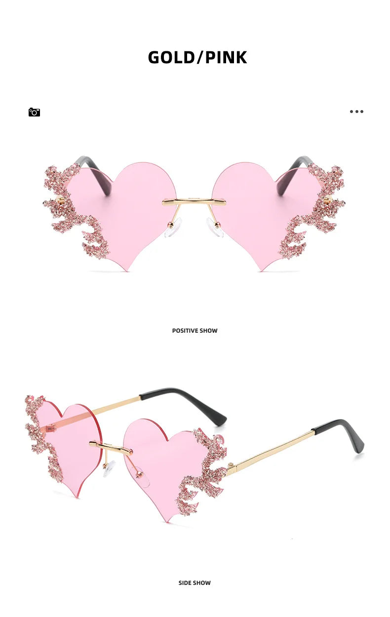 Rimless Sunglasses Women Luxury Brand Rhinestone Sun Glasses Ladies Cute Heart Shape Punk Party Eyewear очки від сонця женские