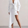Yeezzi 2025 New Urban Female Black White High-low Notched Collar Blazer Office Ladies Fashion Buttoned Pocket Commute Outerwears