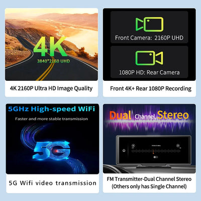 10.26“  Dash Cam 4K 3840*2160P Car Dvr Carplay Android Auto GPS 5G WIFI  Stream RearView Mirror Dashcam Camera Drive Recorder FM