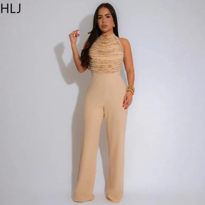 HLJ Elegant Beaded Patchwork Bodycon Jumpsuits Woman Sleeveless Backless Flare Pants One Piece Romper Female Streetwear Overalls