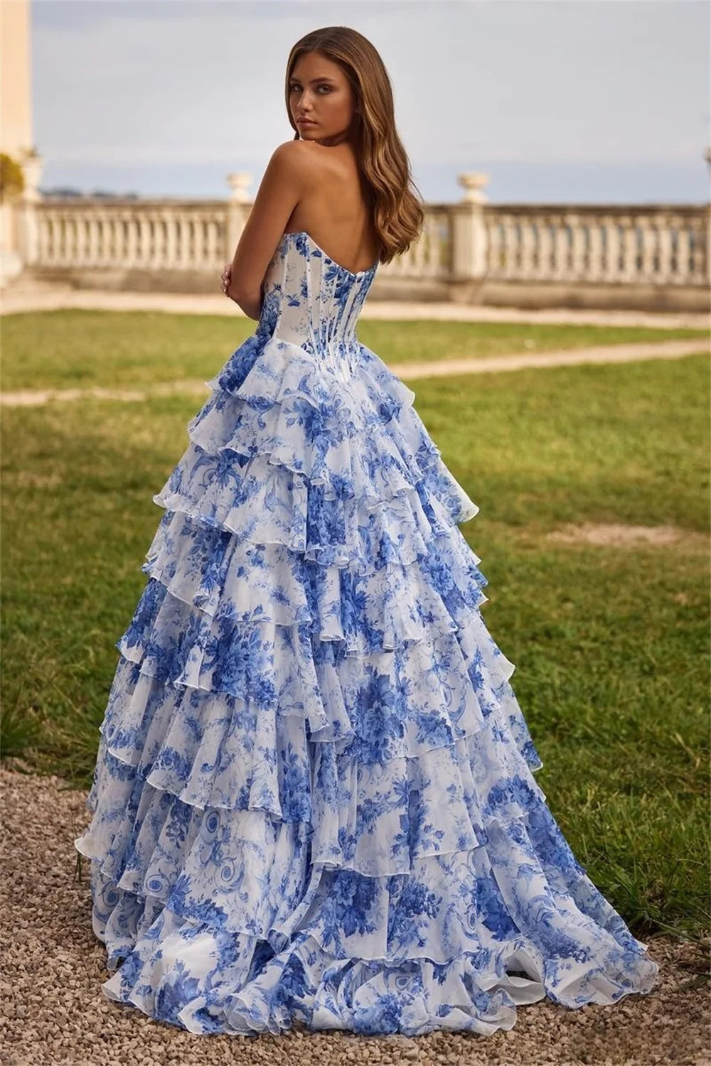 Cathy Customize Strapless Floral Print Tiered Ruffle Prom Dress Side High Split vestidos de noiva Floor-Length Evening Dresses