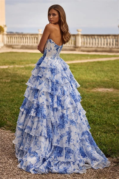 Cathy Customize Strapless Floral Print Tiered Ruffle Prom Dress Side High Split vestidos de noiva Floor-Length Evening Dresses