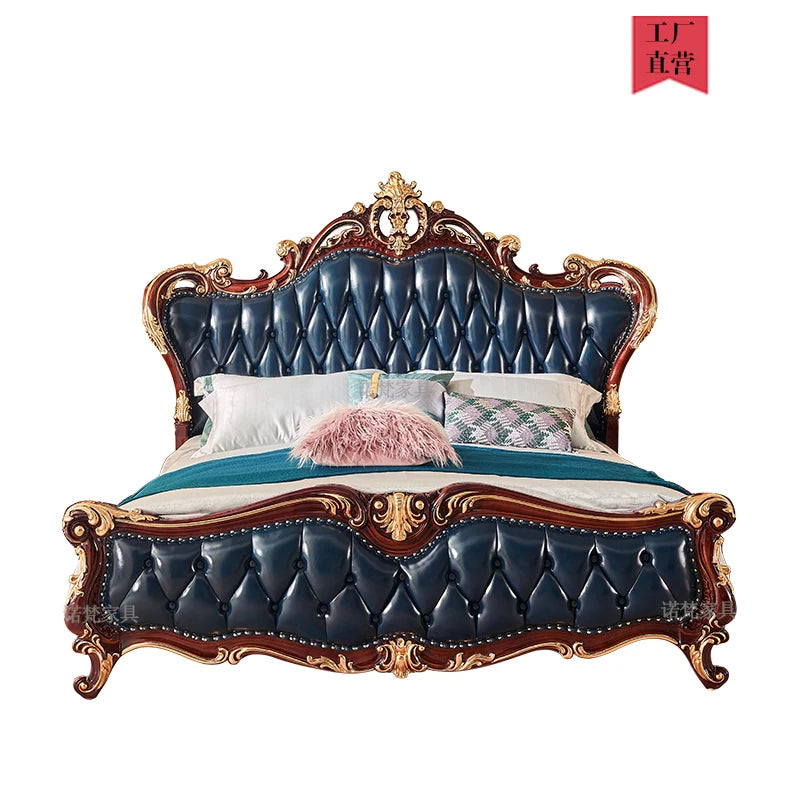 Nordic Luxury Aesthetic Bed Queen Size Cheap Cute Salon Bedroom King Bed Modern Wood Leather Camas Matrimonial Room Furniture