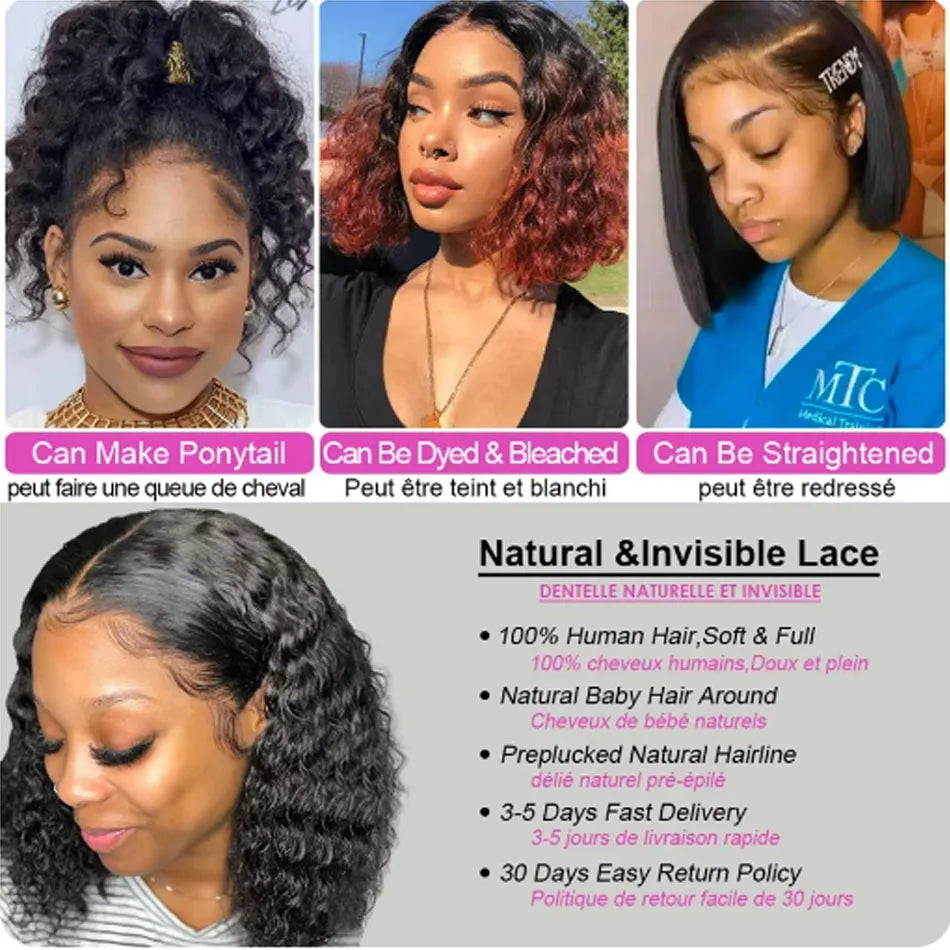 13X4 Brazilian Kinky Curly BoB Lace Frontal Wigs For Women Glueless 180 Density Preplucked 100% Human Hair Wig Deep Curls Wig