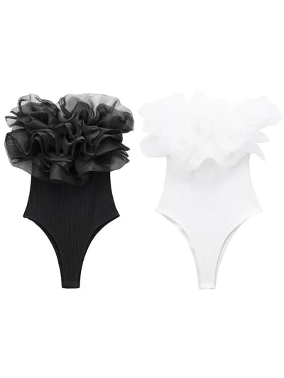 Willshela Women Fashion Ribbed Bodysuit With Organza Ruffle Vintage High Elastic Sexy y2k Female Chic Lady Tops body femme