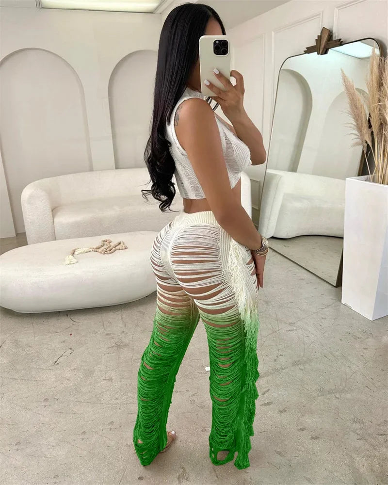Gradient Color Crochet Two Piece Set for Women Summer Beach Crop Top and Wide Leg Pants Tassel Hollow Out Hole Vacation Outfits