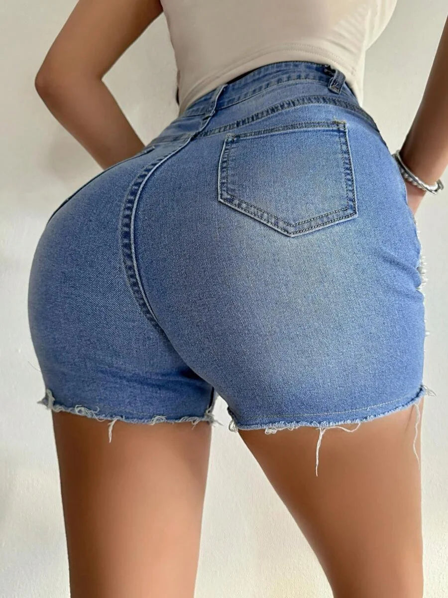 Denim Shorts Women Summer New High-waisted and Thin Handmade Bead Chain Ripped Hot Pants for Women