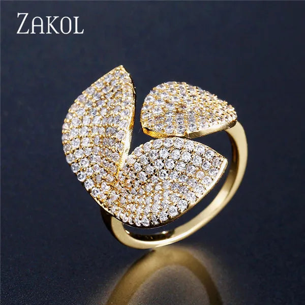 ZAKOL Luxury Sparkling Leaf Flower Micro-paved Zirconia Open Rings for Women Delicate Bridal Wedding Jewelry RP2034