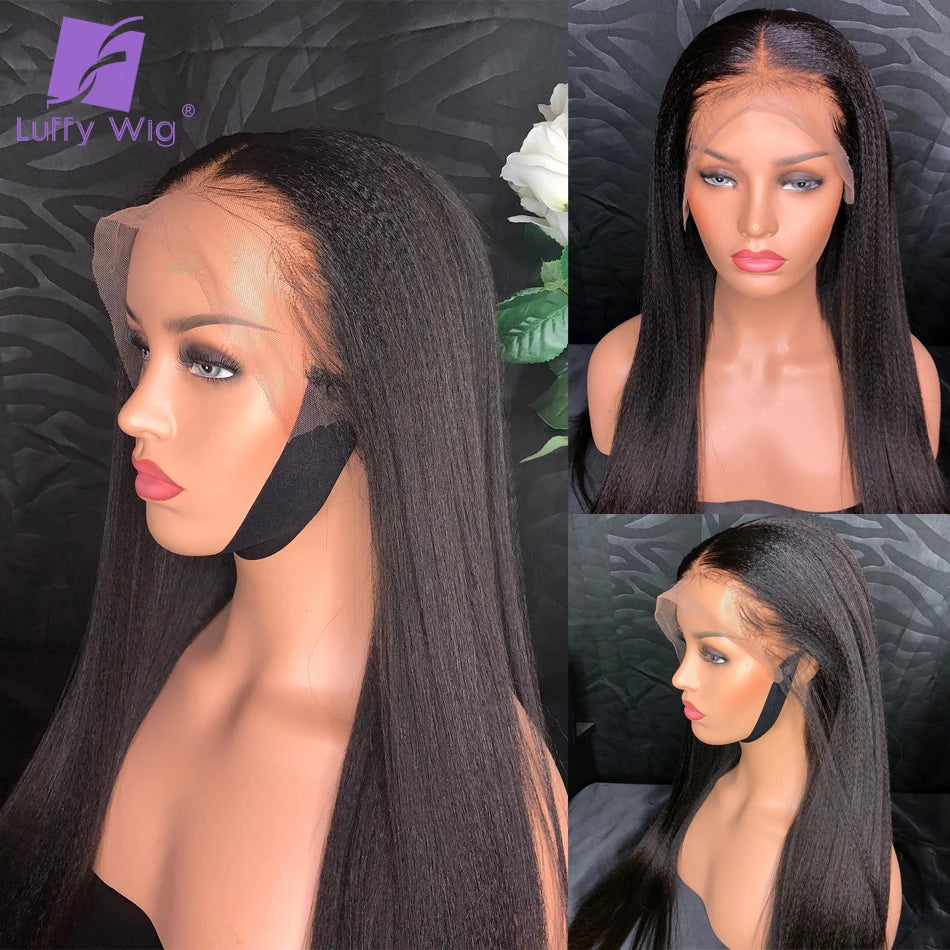 13x6 Yaki Straight Lace Front Wig Human Hair Fake Scalp Lace Wig Pre Plucked Remy Brazilian Lace Frontal Wig Glueless LUFFY