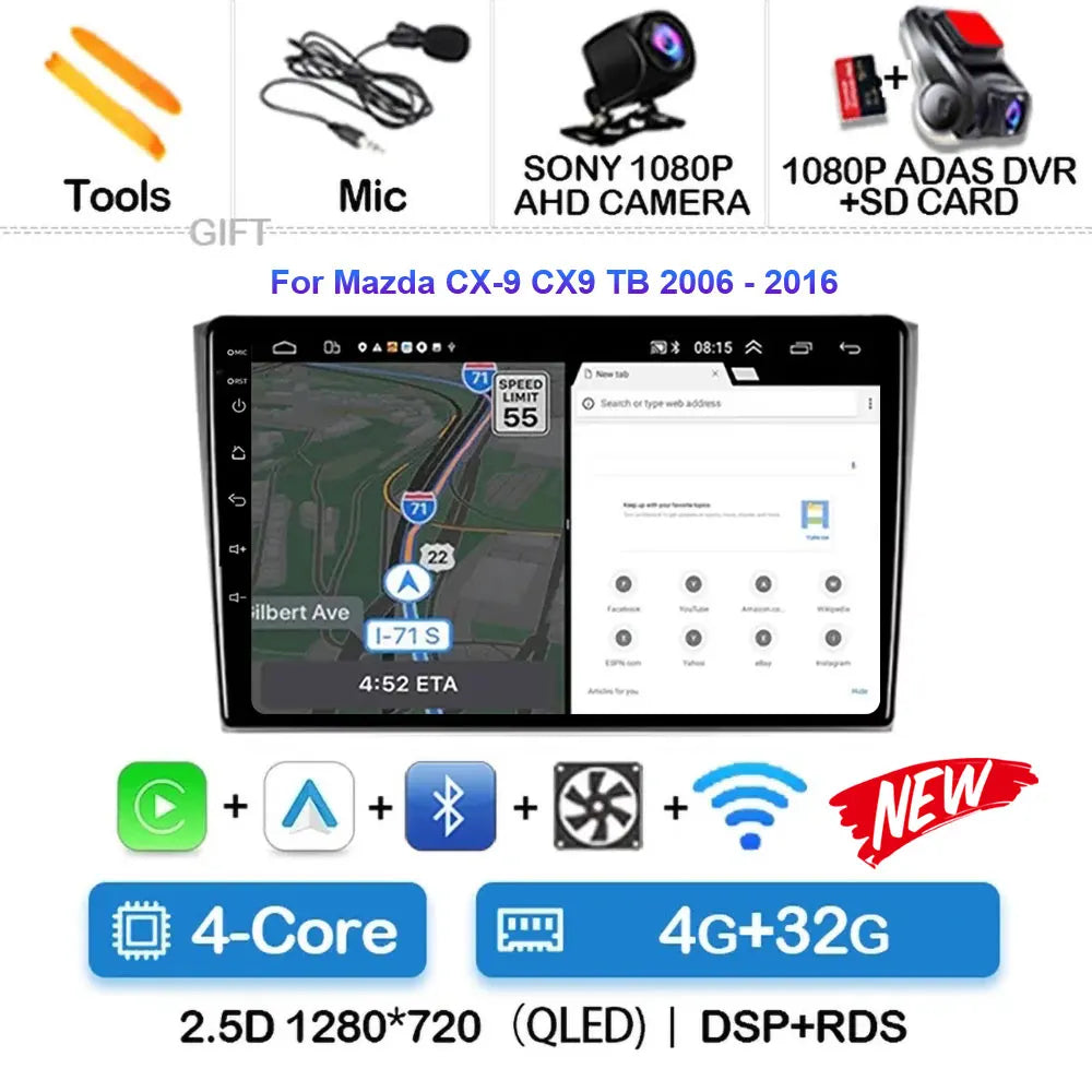 Android 14 Carplay Auto For Mazda CX9 CX-9 TB 2006 2007 2008 2009 2010 2016 Car Radio Multimedia Player Video Stereo WIFI+4G DSP