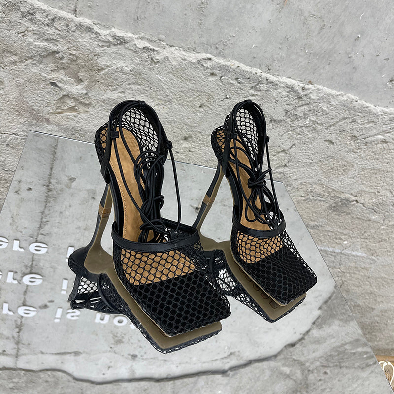 Aneikeh 2024 Summer Sexy Mesh Pumps Sandals Female Square Toe High Heel Lace Up Cross-Tied Stiletto Hollow Dress Party Shoes