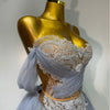 Women Sexy Strapless Pink Mesh Two Pieces Set Prom Gown Celebrate Birthday Nightclub Party Singer Stage Performance Costume