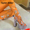 Platform Crystal Chunky Heels Sandals With Bow Cross-Strap Bling Elegant Glitter Silver Sandals Women Summer Butterfly Shoes