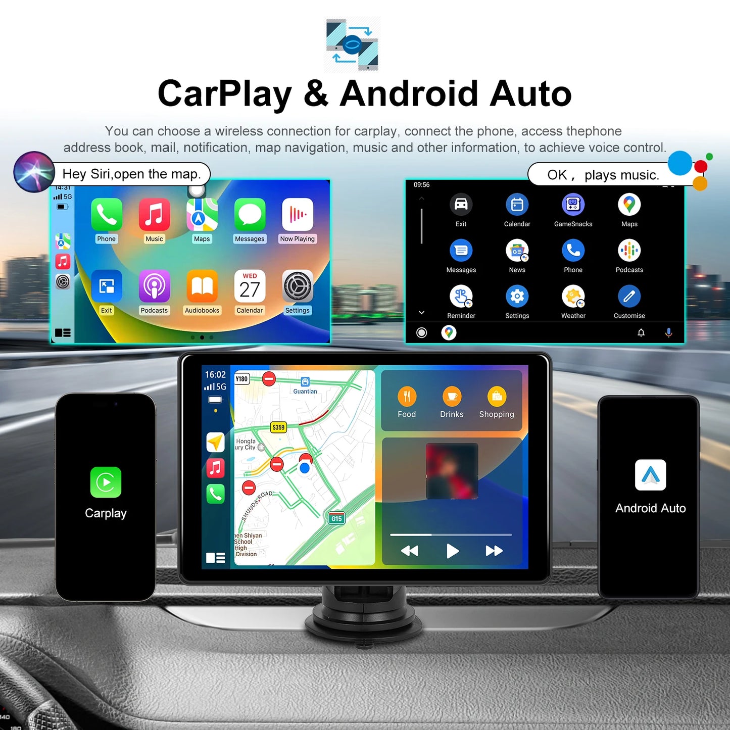 Podofo Universal Car Screen 8-Inch Multimedia WIFI Video Player Wireless Carplay Screen for Apple or Android 4+64GB Navigation