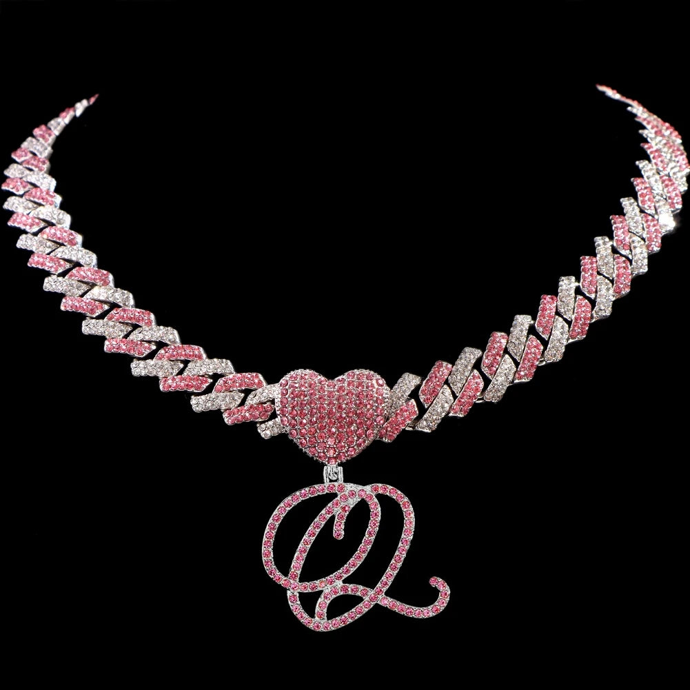 Hip Hop Bling Pink Crystal Cursive Initial Letter Cuban Necklace for Women Iced Out Paved Cuban Chain Necklace Choker Jewelry