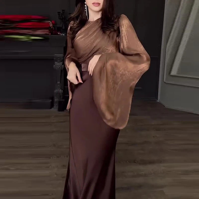 Vintage High Waisted Women Satin Long Dress New Ladies Temperament Crew Collar Dresses Elegant Slim Long Sleeve Banquet Dresses