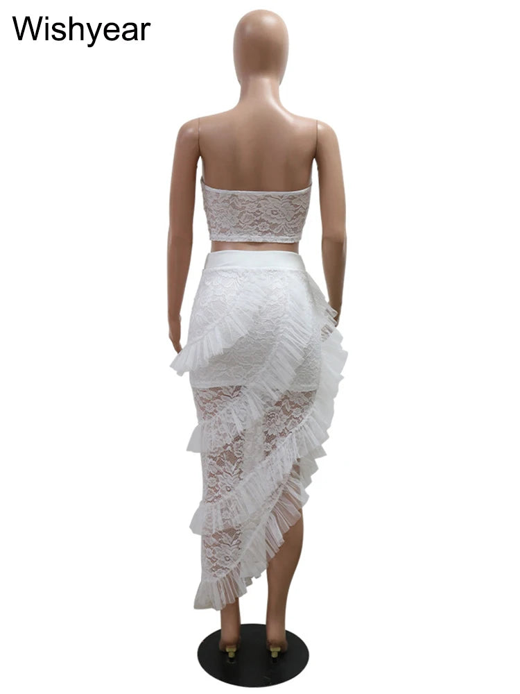 Sexy Two 2 Piece Sets Night Club Outfits for Women White Lace See Through Sleeveless Strapless Top and Ruffles Long Skirts Suit