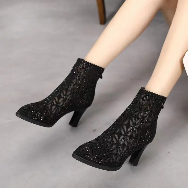 Rubber Soled Women's Dance Boots 6 Cm High Heel Black Shoes Summer Breathable Pointed Mesh Top Jazz Latin Modern Dance Shoes