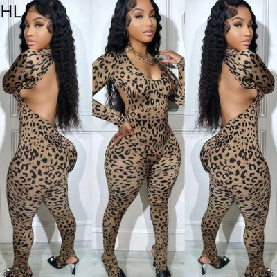 HLJ Sexy Backless Lace Up Leopard Bodycon Jumpsuits Women O Neck Long Sleeve Skinny Pants One Piece Playsuits Fashion Overall