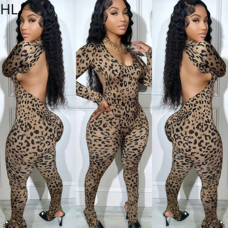 HLJ Sexy Backless Lace Up Leopard Bodycon Jumpsuits Women O Neck Long Sleeve Skinny Pants One Piece Playsuits Fashion Overall