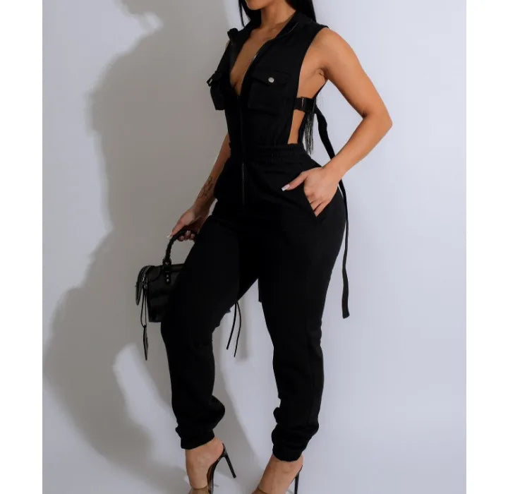 Jumpsuits for Women 2024 Summer Sexy Spicy Girl Side Button Zipper Sleeveless 4 Pocket Jumpsuit Streetwear Fashion Overalls