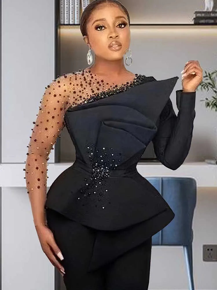 Spring 2 Pieces Set for Woman Pearl Top with Sleeves Pants Suit Women Outfit Elegant Classy Evening Wholesale Dropshipping