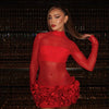 2024 New Sexy Mesh See through Stereoscopic Flowers Red Mini Evening Dress Sweet Woman Birthday Party Dress Performance costume