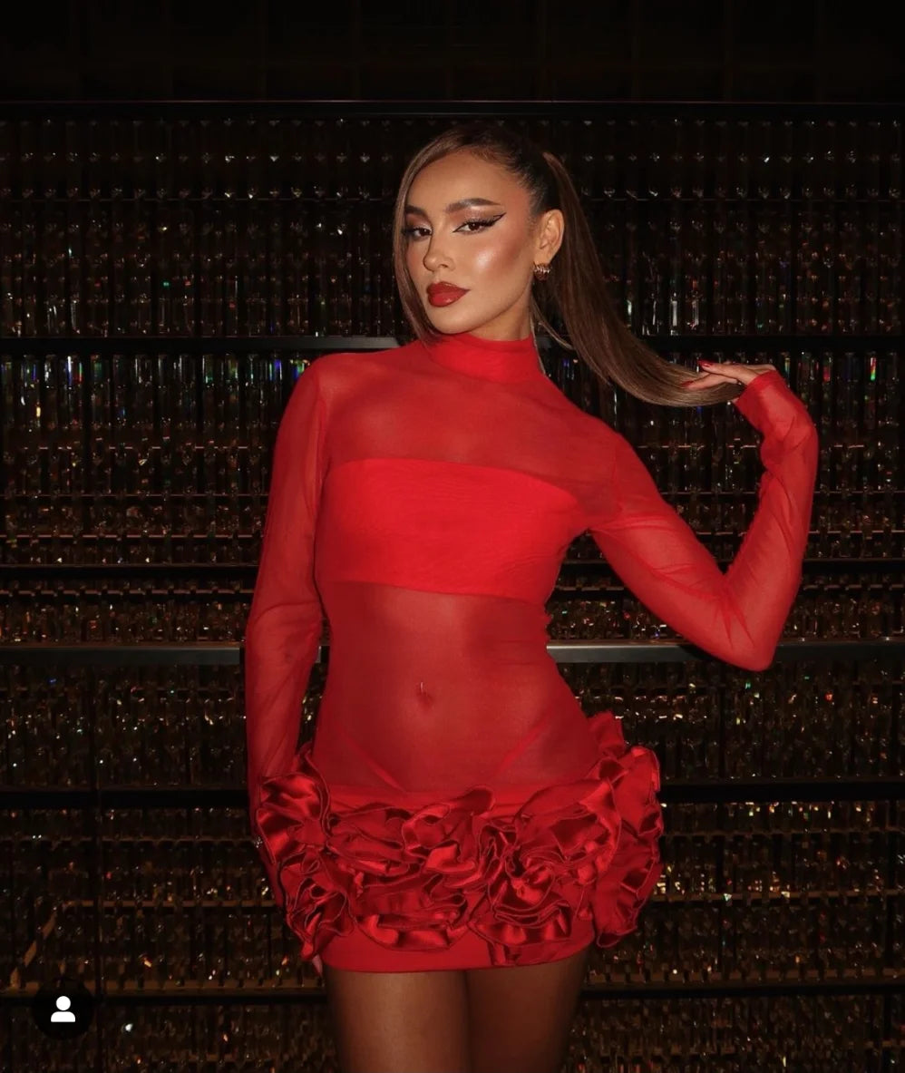 2024 New Sexy Mesh See through Stereoscopic Flowers Red Mini Evening Dress Sweet Woman Birthday Party Dress Performance costume