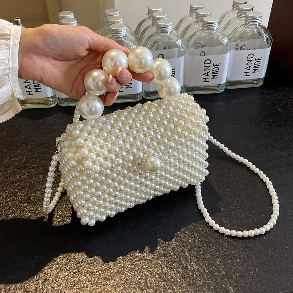2024 Newest Handmade Pearl Knitting Evening Handbag Luxury Women's Snall Crossbody Bag High-end Hand-Woven Elegant Clutch Purses