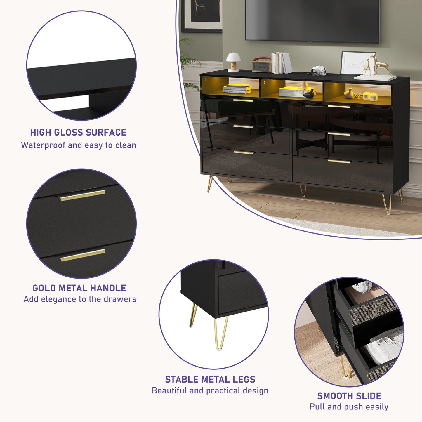 6 Drawers Dresser for Bedroom with LED Lights, High Gloss Chest of Drawers with Metal Legs, Modern Wood Closet Storage Organizer