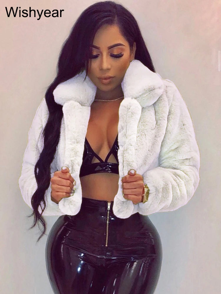 Fashion Faux Fur Open Stitch Lapel Crop Jackets Women Clothing Autumn Winter Solid Long Sleeve Warm Furry Fluffy Coat Outer Wear