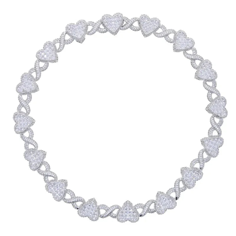 2025 Iced Out Bling Full Paved 5A Cubic Zirconia CZ Heart Charm Infinity Chain Choker Necklace Jewelry For Women Men