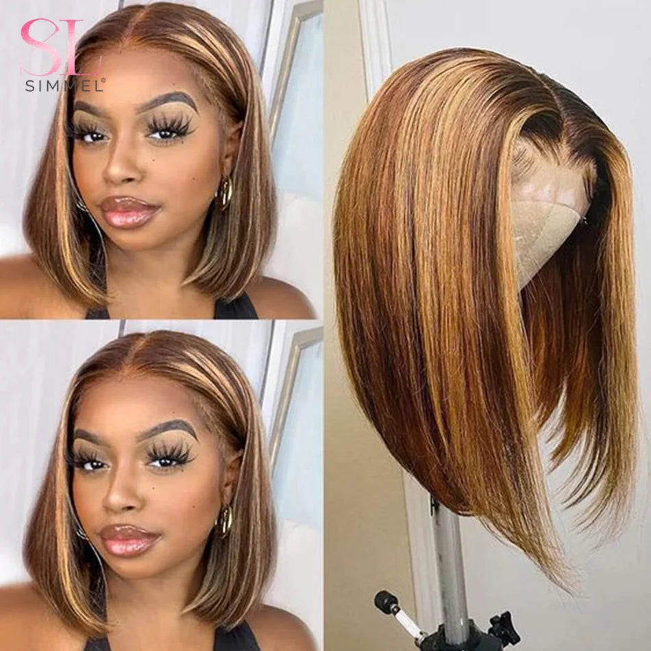 SIMMEL Ombre 4x4 Lace Closure Wig Highlight Colored Human Hair Wigs Highlight Brown Bob Wigs Straight Remy Hair 180 Density