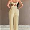 2024 Summer Fashion White Jumpsuit Women Floral Pattern Shirred Hollow Out Casual Asymmetrical Neck Pocket Backless Jumpsuits